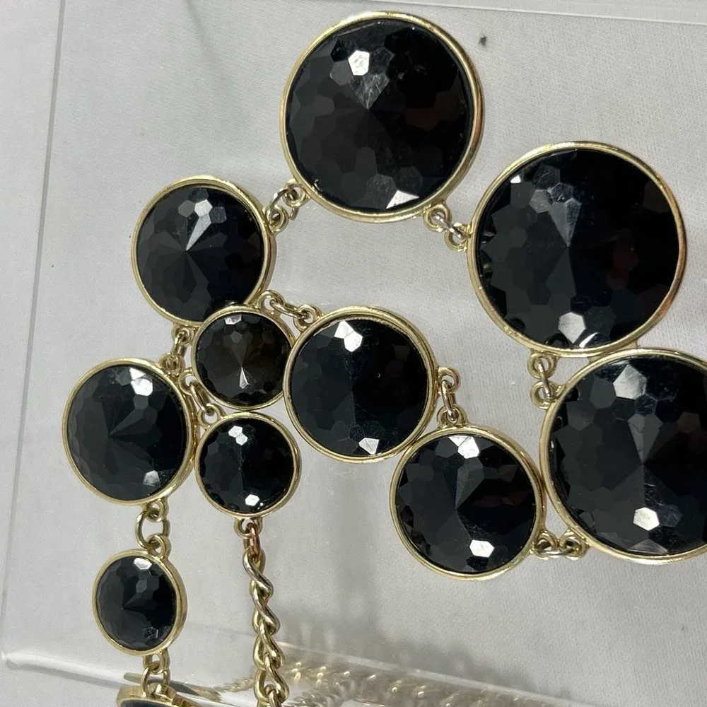 Gold Tone Necklace Black Bubble Faceted Graduated Beads 19-22